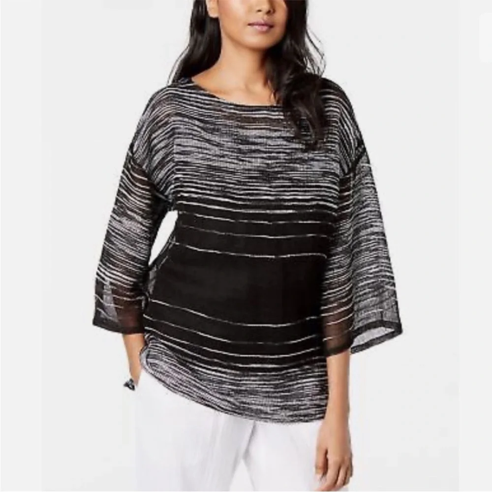 Eileen Fisher Organic Linen Blend Illusion Mesh Blouse Size Small Black - Picture 1 of 7